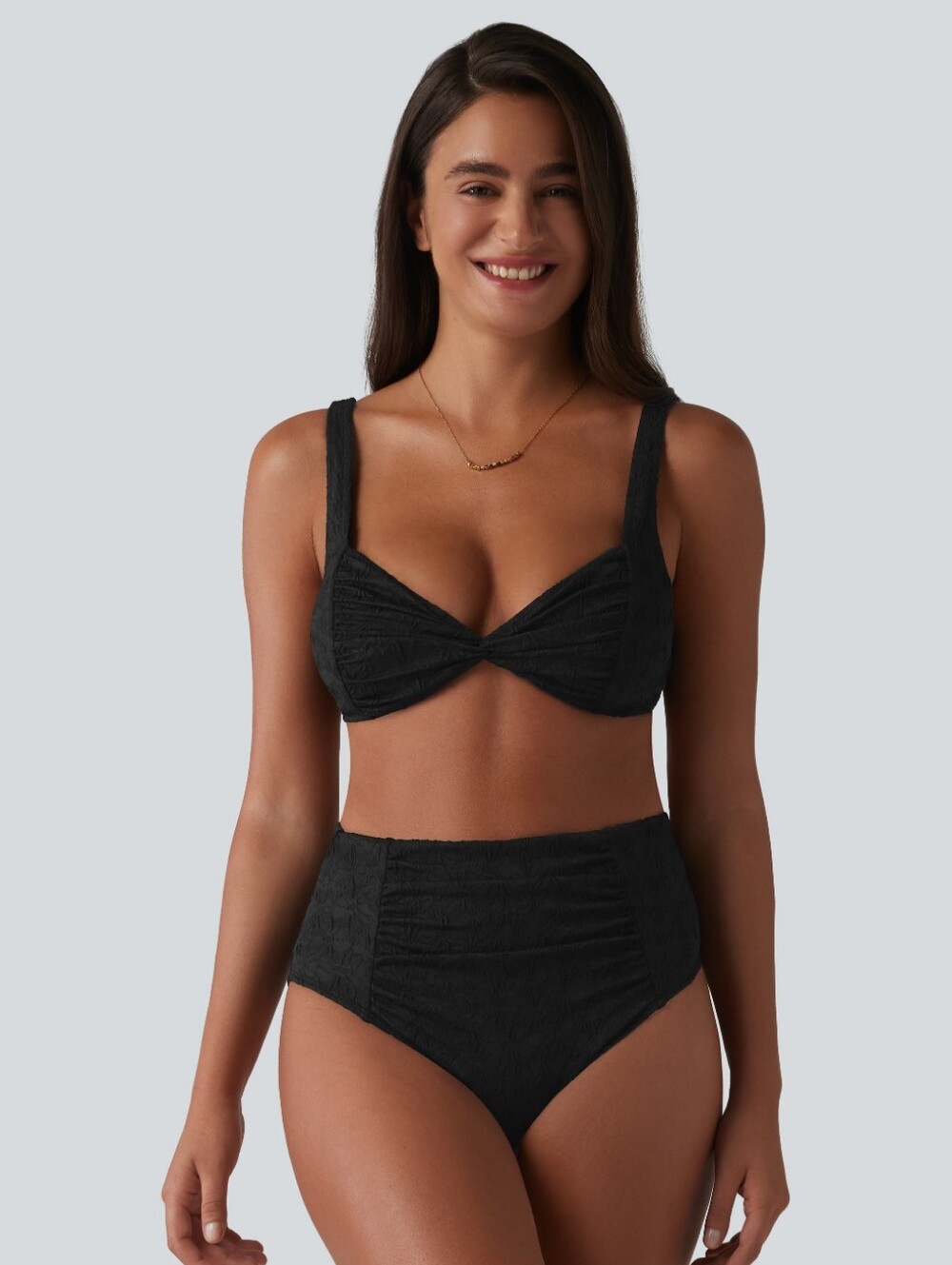 HALARA Adjustable Straps Twisted Ruched Tummy Control Jacquard Bikini Set Large